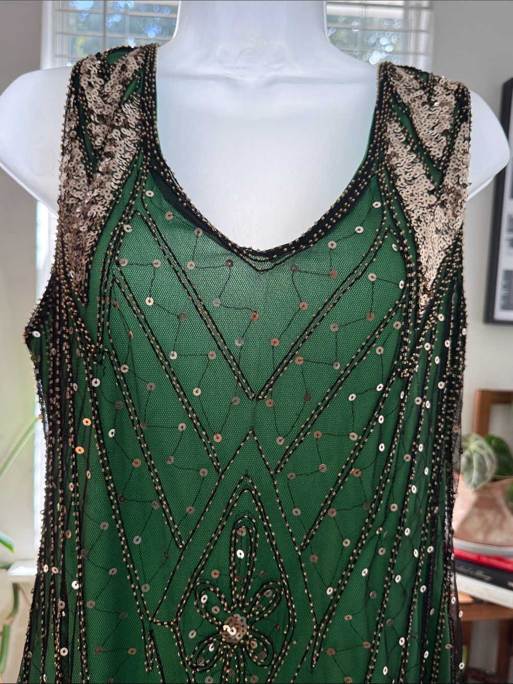 Green Gold Sequin Beaded Art Deco Flapper Fringe Dress